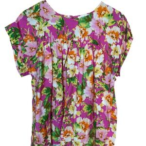 SALE Emily Wonder Womens Floral Print Short Sleeve Button Back Tunic Top Size L